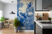 Ukiyo-e Inspired Blue Koi Fish and Waves Wall Mural
