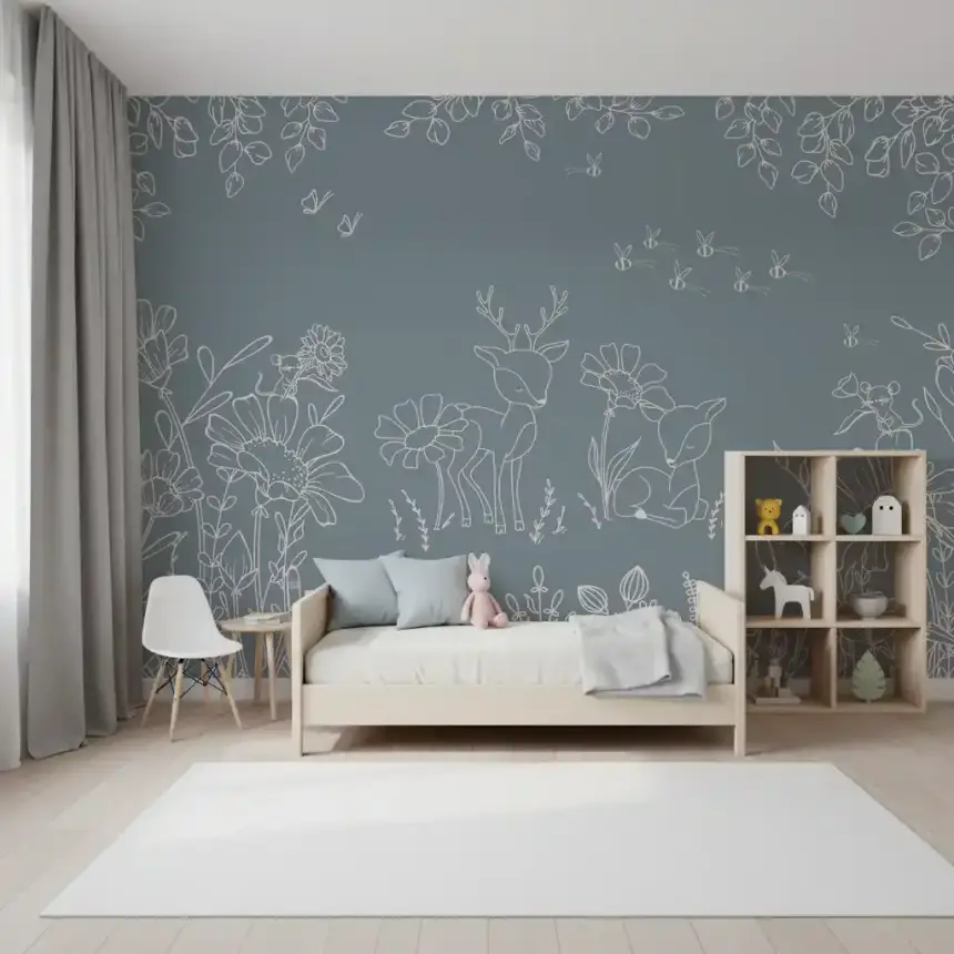 Deer Doodles Blue Wall Mural