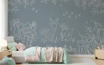 Gentle Deer and Floral Doodle Kids Wallpaper