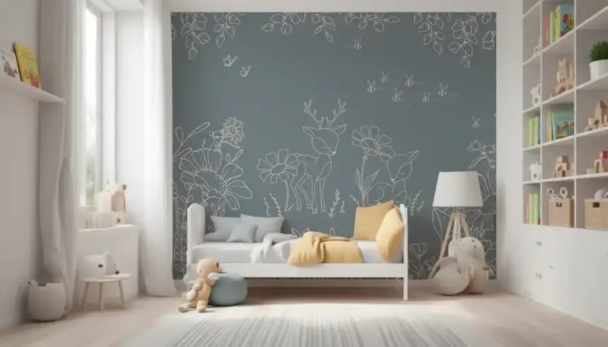 Deer Doodles Blue Wall Mural
