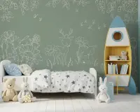 Sage Green Woodland Deer & Floral Doodle Wallpaper
