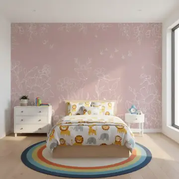 Pink Woodland Deer and Floral Line Art Wallpaper