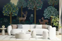 Moonlit Forest Deer and Fruit Trees Wall Mural