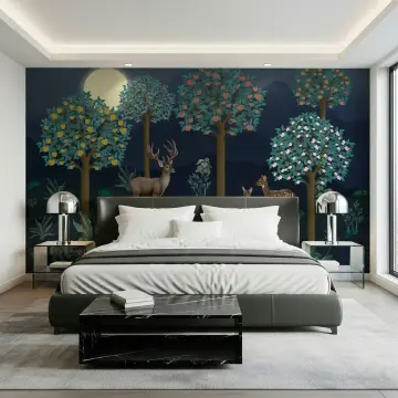 Moonlit Forest Deer and Fruit Trees Wall Mural