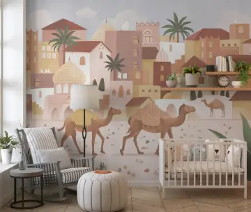 Whimsical Desert Town & Camels Wall Mural