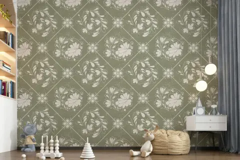 Sage Green Distressed Floral Diamond Wallpaper