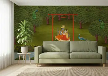 Pichwai Style Krishna Radha Swing Forest Wall Mural