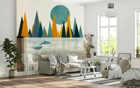 Geometric Mountain Dolphin Reflection Wall Mural
