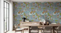 Dusty Blue Whimsical Fruit and Vegetable Wallpaper