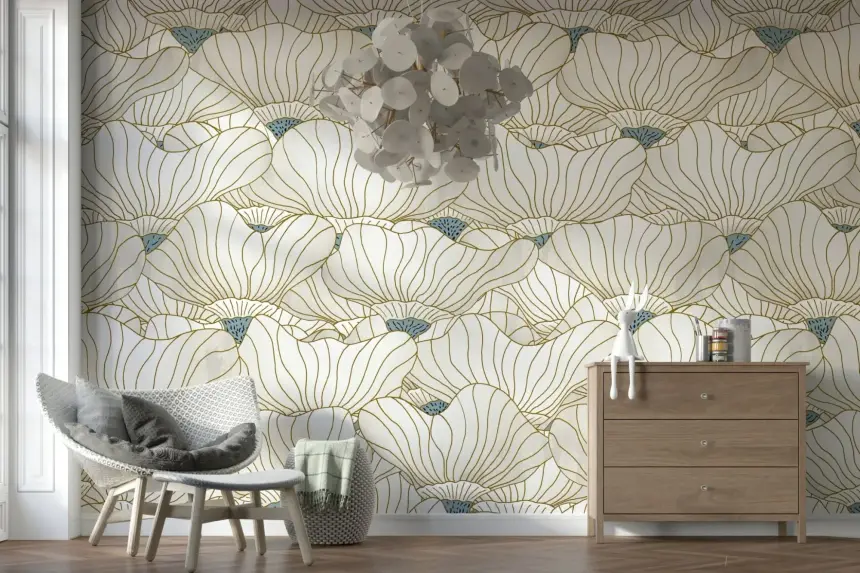 Dusty White Botanical Bloom Waves Wall Mural