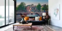 Amsterdam Canal Arched Bridges Evening Light Trails Wallpaper Mural