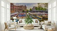 Amsterdam Canal Boats Cityscape Wall Mural