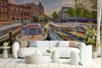 Amsterdam Canal Boats Cityscape Wall Mural