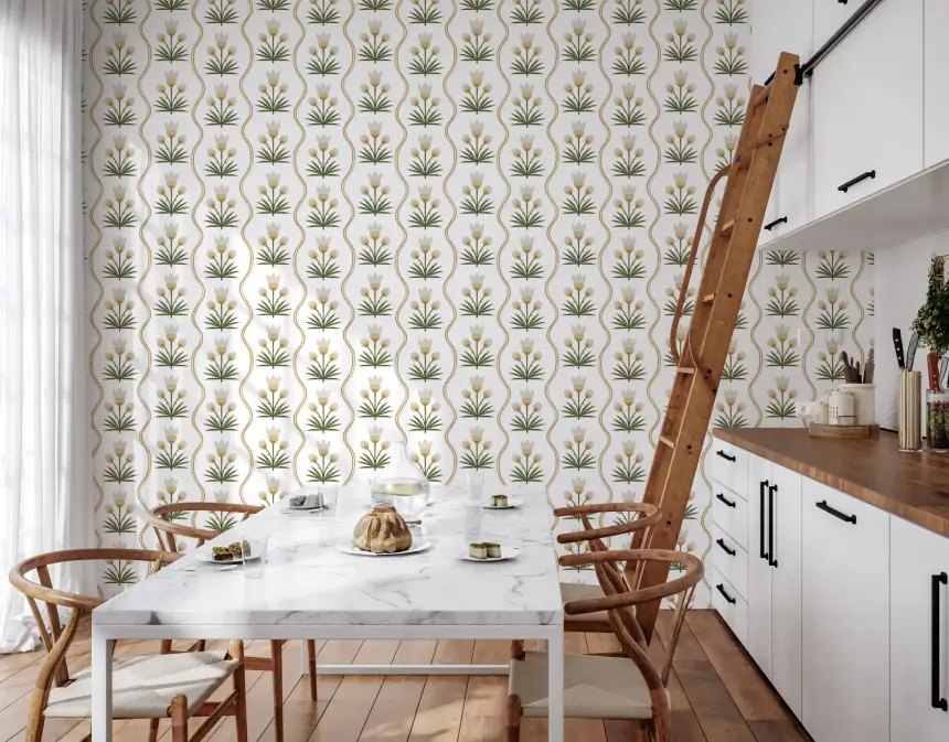 Earthen Floral Grace Symmetrical White Minimalist Florals Wallpaper