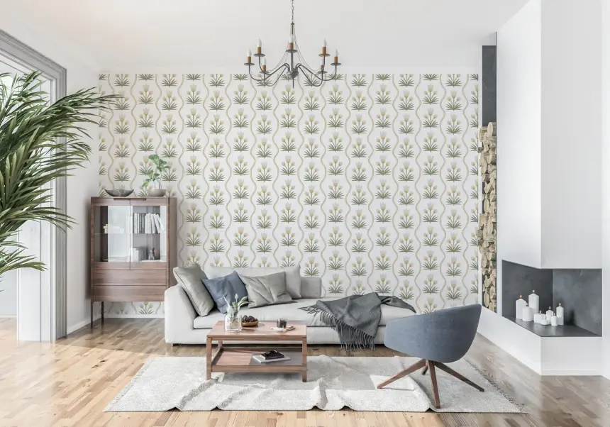 Earthen Floral Grace Symmetrical White Minimalist Florals Wallpaper