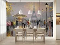 Eiffel Tower Carousel Street Scene Wall Mural