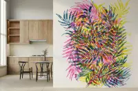 Teal Pink Yellow Layered Botanical Fronds Wallpaper Mural