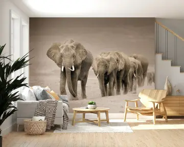 Sepia Tone Elephant Procession Dusty Savannah Wallpaper