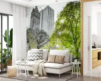 Monochrome City Greenery Wall Mural
