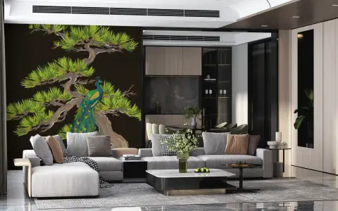 Vibrant Peacock on Dark Pine Tree Wall Mural