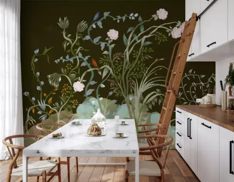 Dark Chinoiserie Botanical Bird Wall Mural
