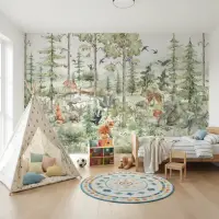 Watercolour Pine Forest Animals Riverbank Wall Mural