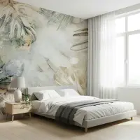 Ethereal Botanical Leaf Wall Mural with Distressed Texture