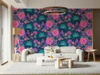 Indigo Parrot Blossom Garden Pink Teal Wallpaper Mural
