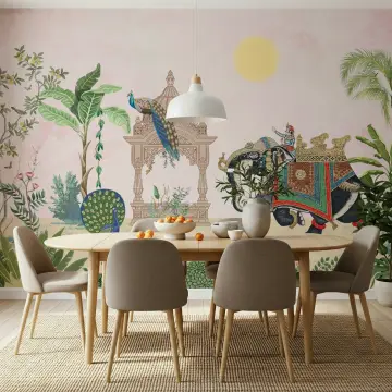 Regal Indian Elephant and Peacock Wall Mural