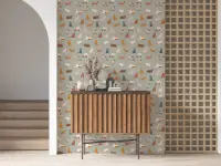 Cute Multicolor Feline Pattern Sage Green Wallpaper