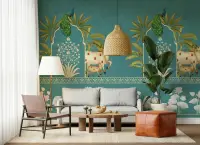 Teal Pichwai Sacred Cow and Peacock Wall Mural