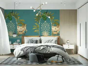 Teal Pichwai Sacred Cow and Peacock Wall Mural