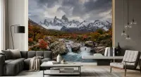 Majestic Snow-Capped Mountain and Autumn River Wall Mural