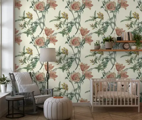 Vintage Botanical Lily and Poppy Floral Wallpaper