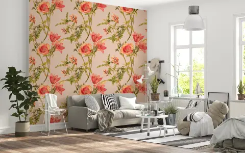 Elegant Vintage Coral Floral Pattern Wallpaper