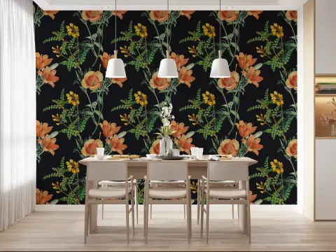 Vintage Botanical Floral Wallpaper with Orange Blooms