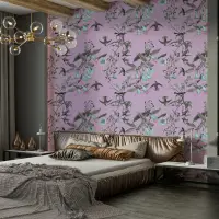 Lavender Hummingbird and Floral Vine Wallpaper