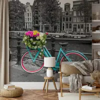 Vibrant Floral Bicycle Amsterdam Canal Wall Mural