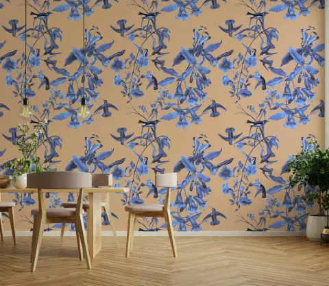 Elegant Blue Floral and Flying Bird Wallpaper
