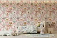 Charming Forest Friends Pink Floral Wallpaper