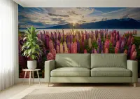 Vibrant Lupine Field Lake Sunrise Wall Mural