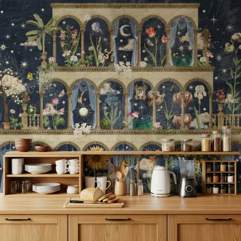 Whimsical Celestial Night Garden Archway Wall Mural