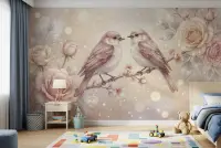 Whimsical Birds and Pink Roses Wallpaper
