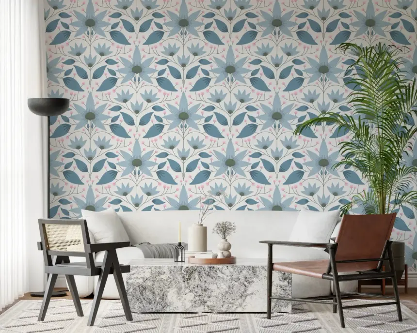 Floral Symmetry Blue Wallpaper