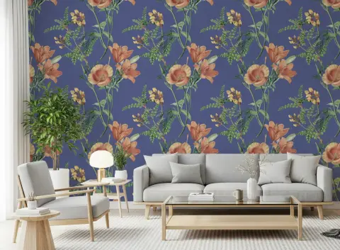Vintage Botanical Floral Indigo Wallpaper