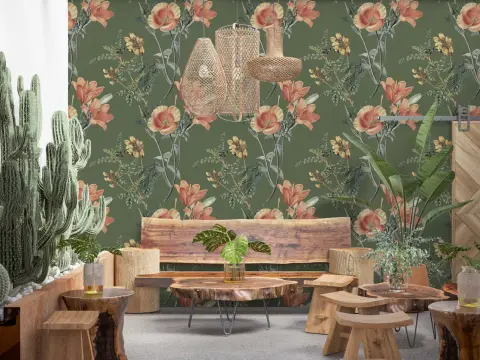 Vintage Peach Lily Botanical Pattern Wallpaper