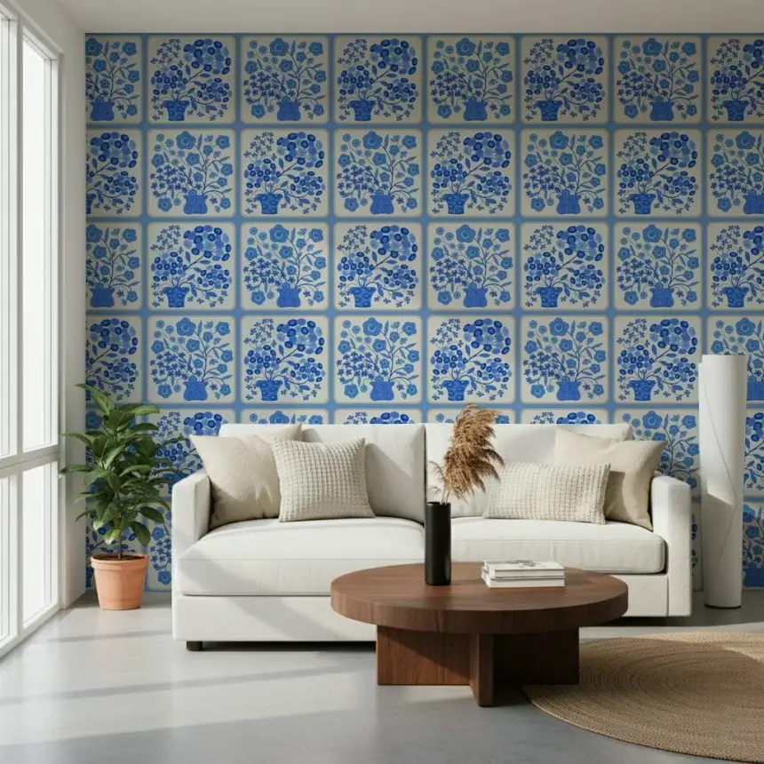 Flower Bouquet Tiles Floral Light Delft Blue and White Wallpaper
