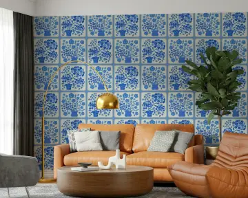 Classic Blue Floral Bouquet Tile Pattern Wallpaper
