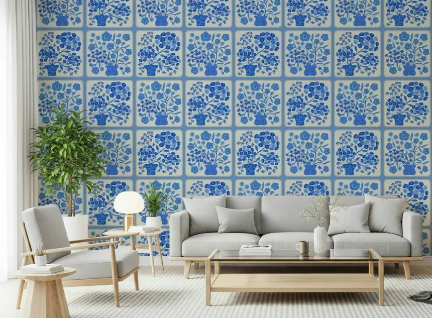 Flower Bouquet Tiles Floral Light Delft Blue and White Wallpaper