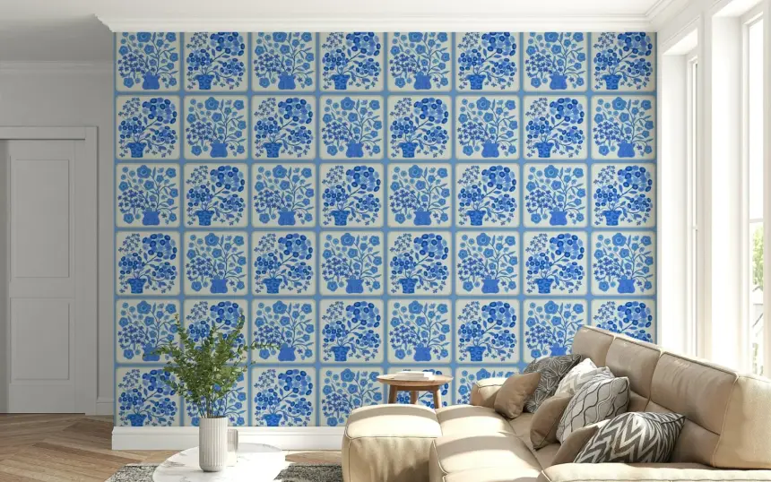 Flower Bouquet Tiles Floral Light Delft Blue and White Wallpaper